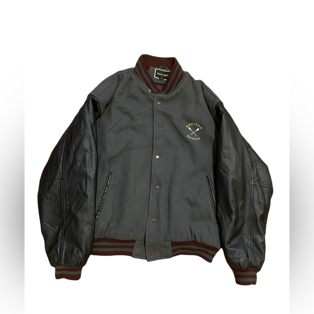 Madison & Rhodes Vintage Grey Leather Wool Korean Varsity Men Jacket Sz M